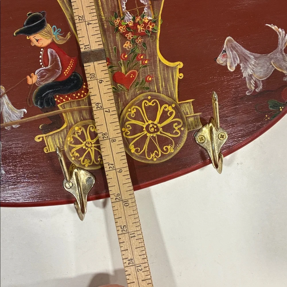 Tole Ware Coat Rack VTG Red Wall Decor W Brass Hooks Painted Colorful Dog Man